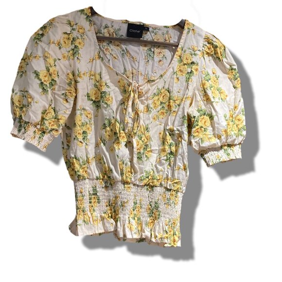 Cliche's Yellow Rose Short Puff Sleeve Blouse IN 100% Cotton Sice Small - Picture 1 of 6